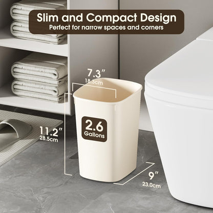 CEROELDA Bathroom Trash Can with Lid, 10L/2.6 Gal Small Garbage Can with Press Top Lid, Slim Plastic Waste Basket for Toilet, Office, Bedroom (Muti 1)