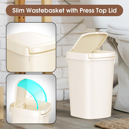 CEROELDA Bathroom Trash Can with Lid, 10L/2.6 Gal Small Garbage Can with Press Top Lid, Slim Plastic Waste Basket for Toilet, Office, Bedroom (Muti 1)