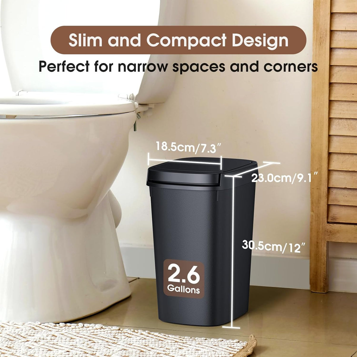CEROELDA Bathroom Trash Can with Lid, 10L/2.6 Gal Small Garbage Can with Press Top Lid, Slim Plastic Waste Basket for Toilet, Office, Bedroom (Muti 1)