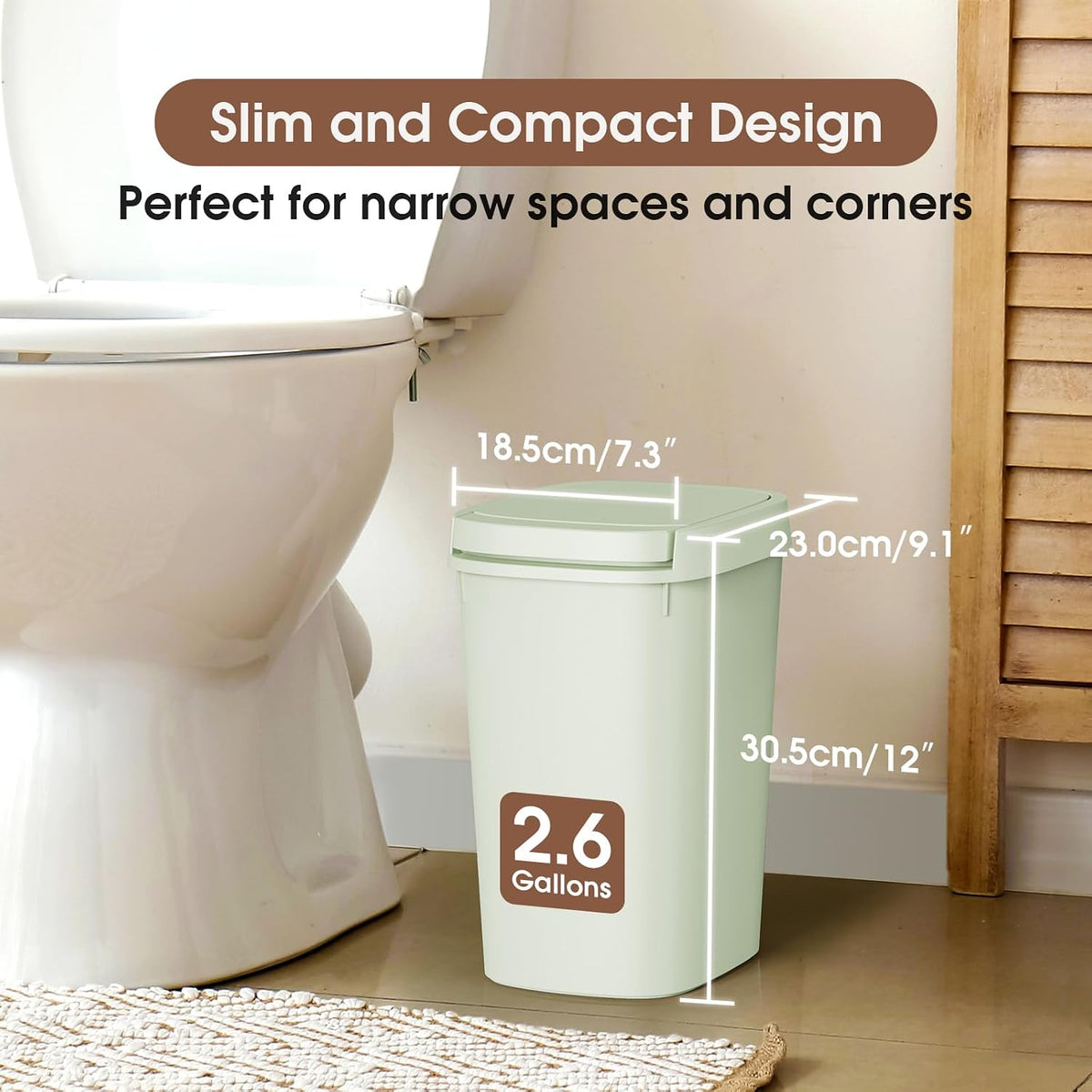 CEROELDA Bathroom Trash Can with Lid, 10L/2.6 Gal Small Garbage Can with Press Top Lid, Slim Plastic Waste Basket for Toilet, Office, Bedroom (Muti 1)