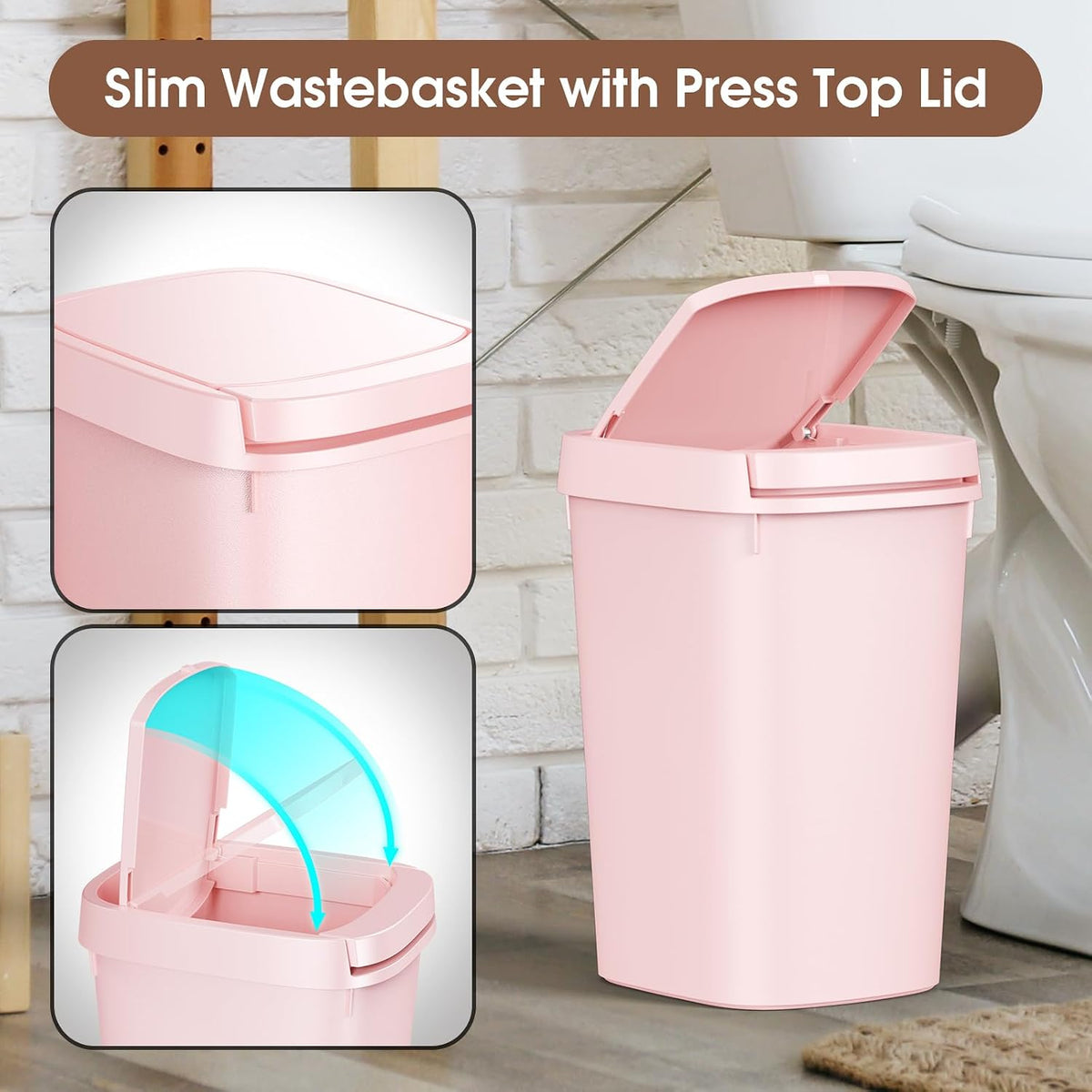 CEROELDA Bathroom Trash Can with Lid, 10L/2.6 Gal Small Garbage Can with Press Top Lid, Slim Plastic Waste Basket for Toilet, Office, Bedroom (Muti 1)