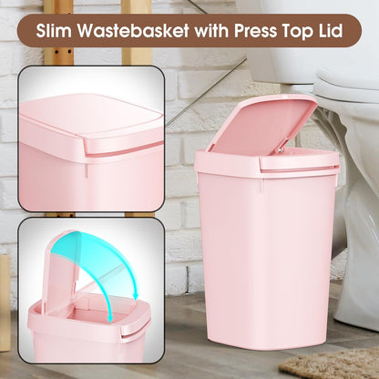 CEROELDA Bathroom Trash Can with Lid, 10L/2.6 Gal Small Garbage Can with Press Top Lid, Slim Plastic Waste Basket for Toilet, Office, Bedroom (Muti 1)
