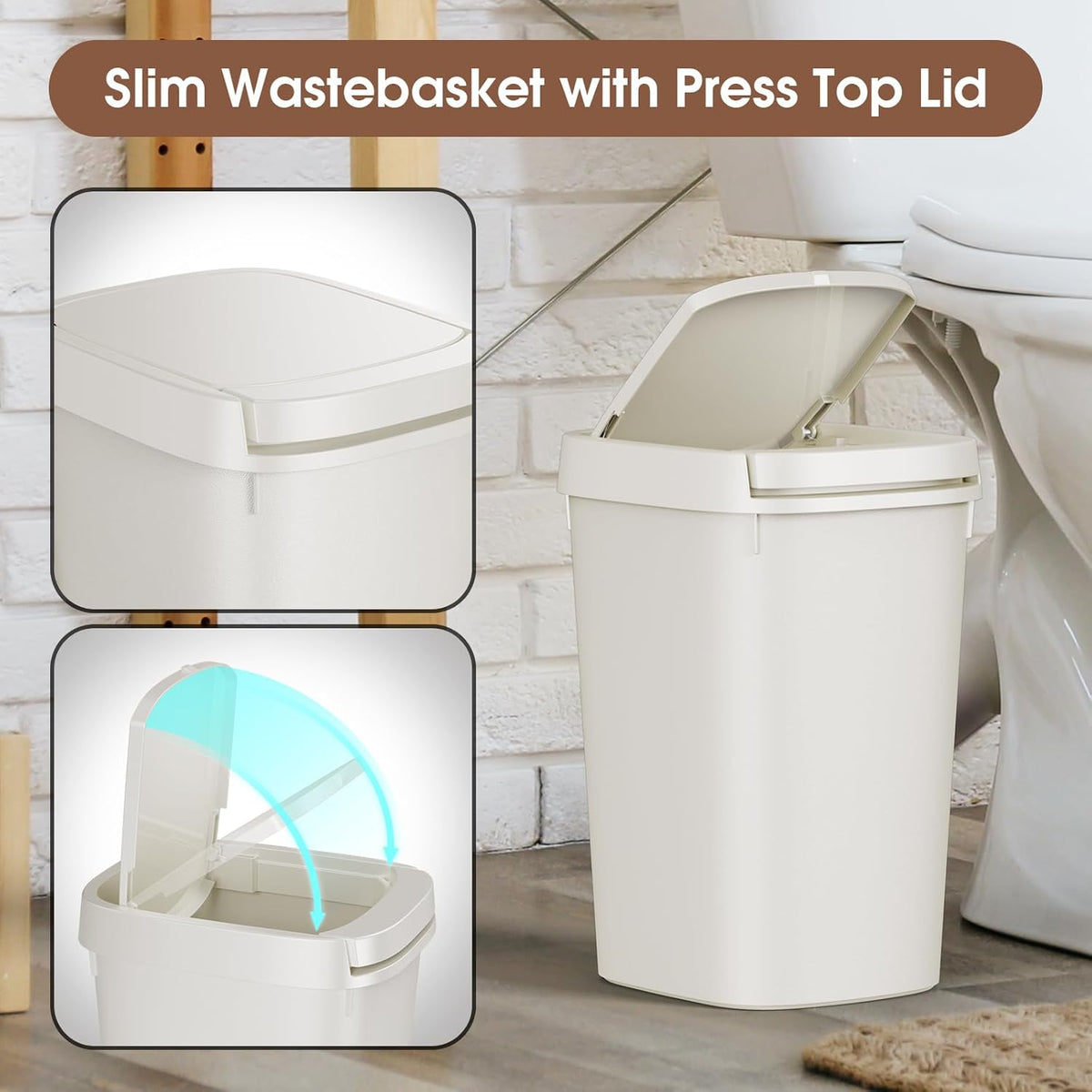 CEROELDA Bathroom Trash Can with Lid, 10L/2.6 Gal Small Garbage Can with Press Top Lid, Slim Plastic Waste Basket for Toilet, Office, Bedroom (Muti 1)