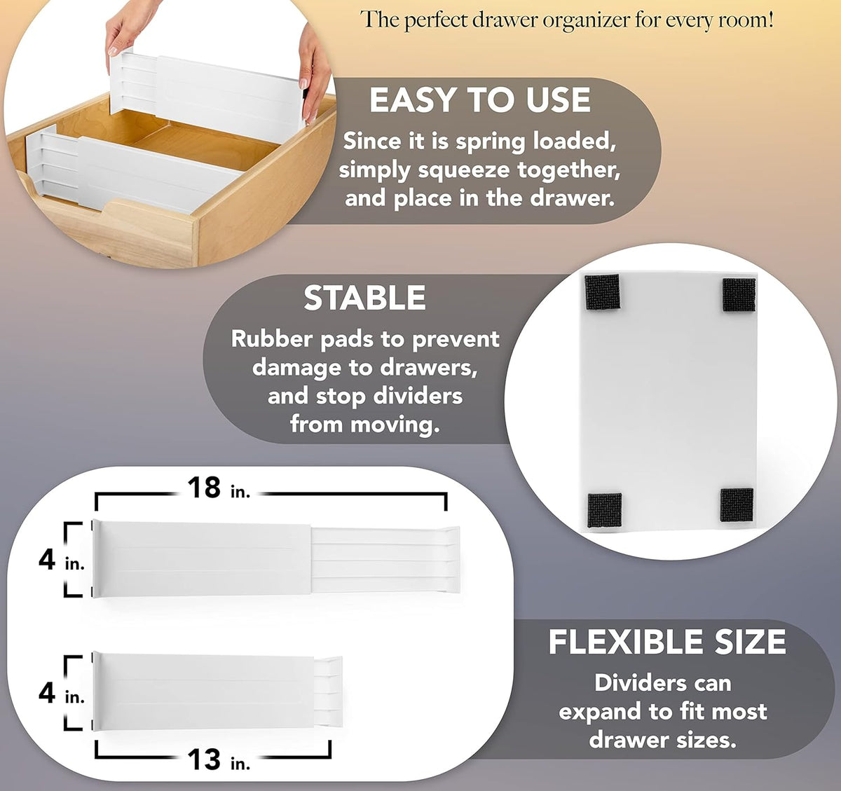 Dresser Drawer Dividers, 4 Pk + 3 Cross Dividers, 4.5" Deep