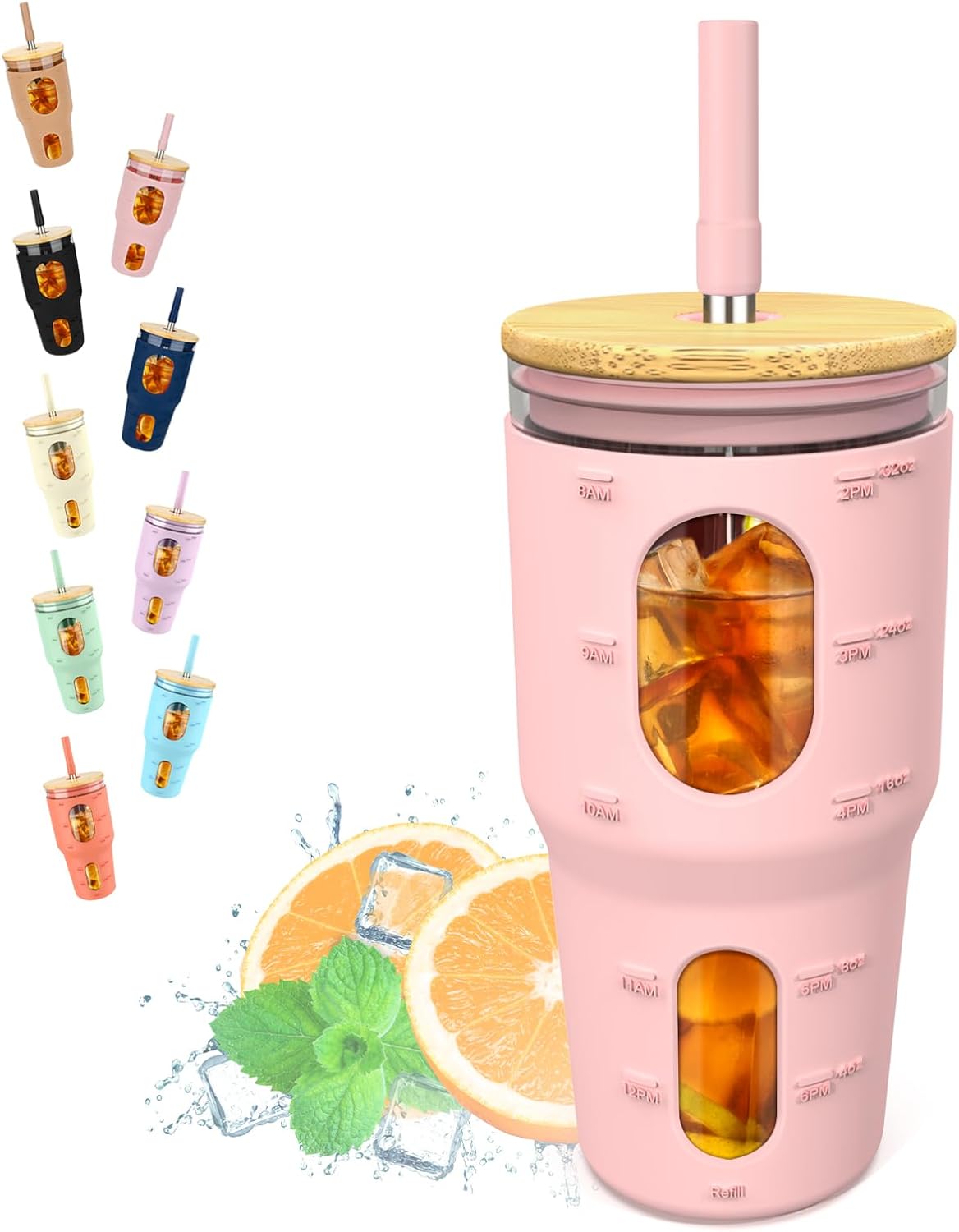32 Oz Tumbler with Straw and Lid, Drinking Glass Cup with Time Marker, Silicone Sleeve, Fits Cup Holder and Without BPA for Smoothie, Tea, Iced Coffee (Pink)