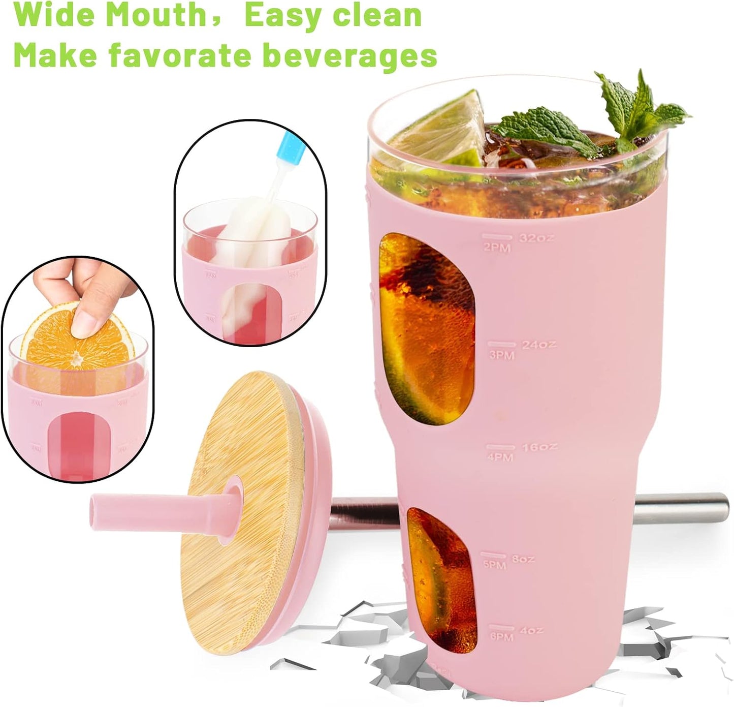 32 Oz Tumbler with Straw and Lid, Drinking Glass Cup with Time Marker, Silicone Sleeve, Fits Cup Holder and Without BPA for Smoothie, Tea, Iced Coffee (Pink)