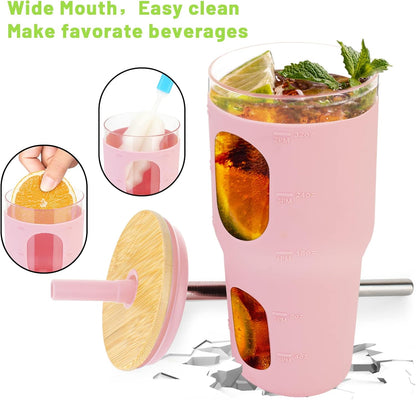 32 Oz Tumbler with Straw and Lid, Drinking Glass Cup with Time Marker, Silicone Sleeve, Fits Cup Holder and Without BPA for Smoothie, Tea, Iced Coffee (Pink)