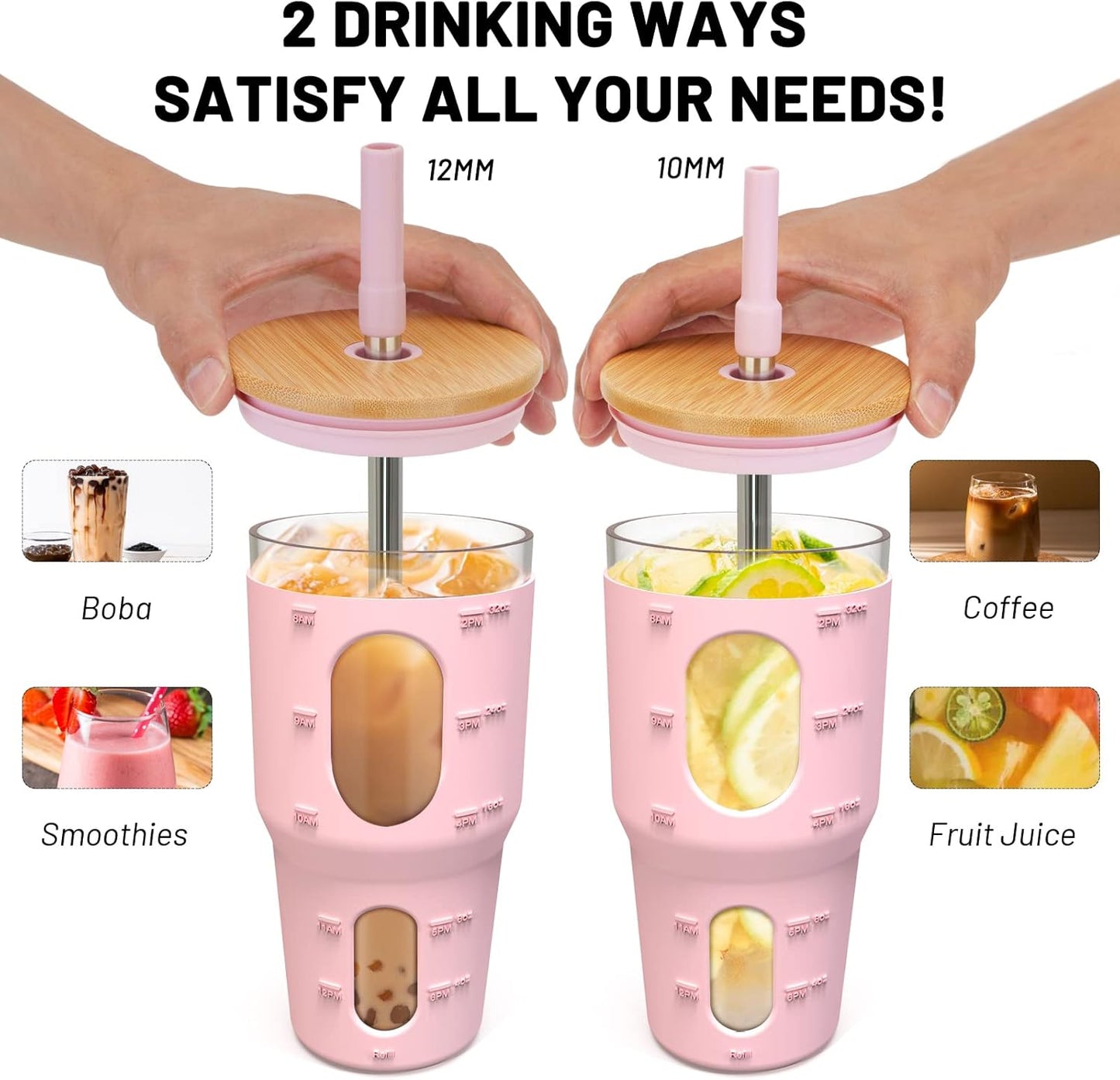 32 Oz Tumbler with Straw and Lid, Drinking Glass Cup with Time Marker, Silicone Sleeve, Fits Cup Holder and Without BPA for Smoothie, Tea, Iced Coffee (Pink)