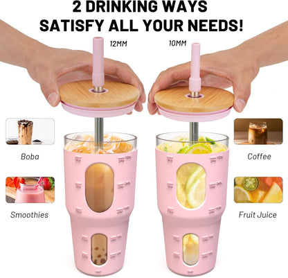 32 Oz Tumbler with Straw and Lid, Drinking Glass Cup with Time Marker, Silicone Sleeve, Fits Cup Holder and Without BPA for Smoothie, Tea, Iced Coffee (Pink)