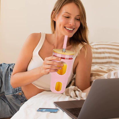 32 Oz Tumbler with Straw and Lid, Drinking Glass Cup with Time Marker, Silicone Sleeve, Fits Cup Holder and Without BPA for Smoothie, Tea, Iced Coffee (Pink)