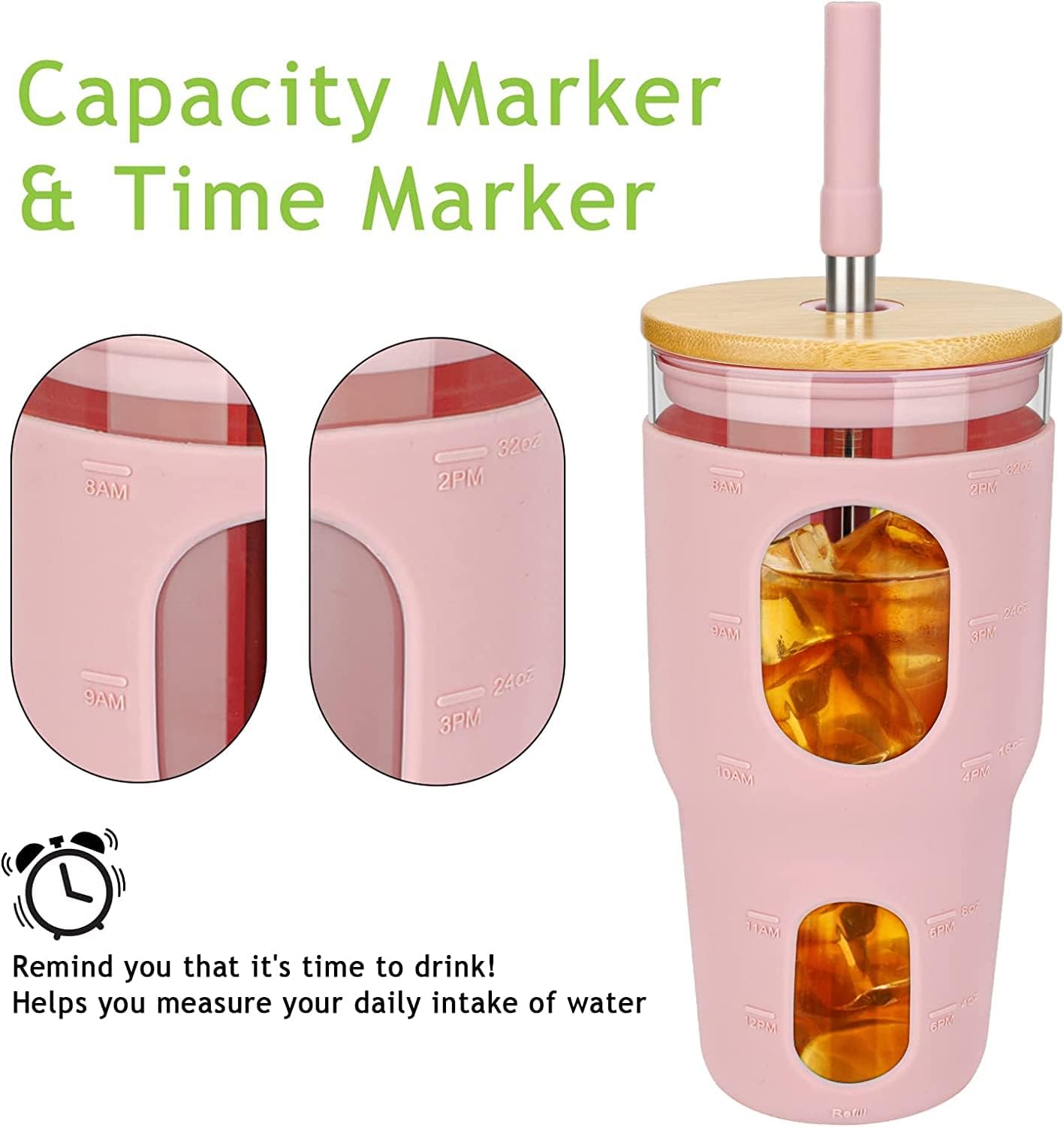 32 Oz Tumbler with Straw and Lid, Drinking Glass Cup with Time Marker, Silicone Sleeve, Fits Cup Holder and Without BPA for Smoothie, Tea, Iced Coffee (Pink)