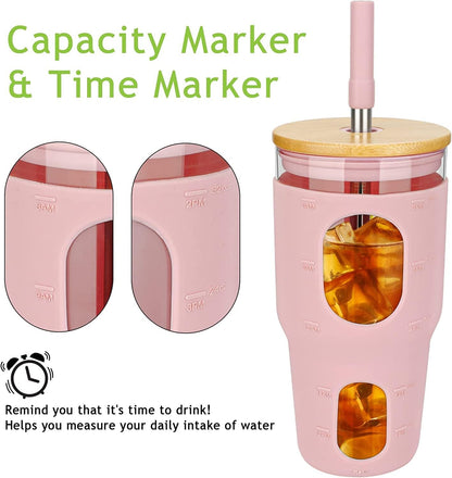 32 Oz Tumbler with Straw and Lid, Drinking Glass Cup with Time Marker, Silicone Sleeve, Fits Cup Holder and Without BPA for Smoothie, Tea, Iced Coffee (Pink)