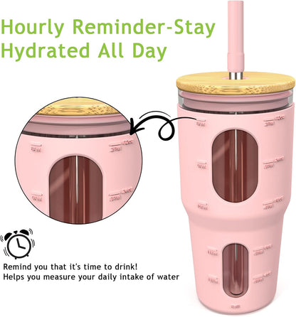 32 Oz Tumbler with Straw and Lid, Drinking Glass Cup with Time Marker, Silicone Sleeve, Fits Cup Holder and Without BPA for Smoothie, Tea, Iced Coffee (Pink)
