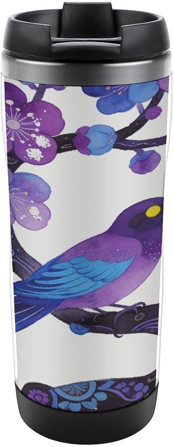 13oz Insulated Travel Coffee Mug Reusable Coffee Cup Water Bottle | Plum Blossoms Adorn Sparrows Travel Mug with Leak Proof Lid Double Wall Stainless Steel Coffee Tumbler Personalized Gift