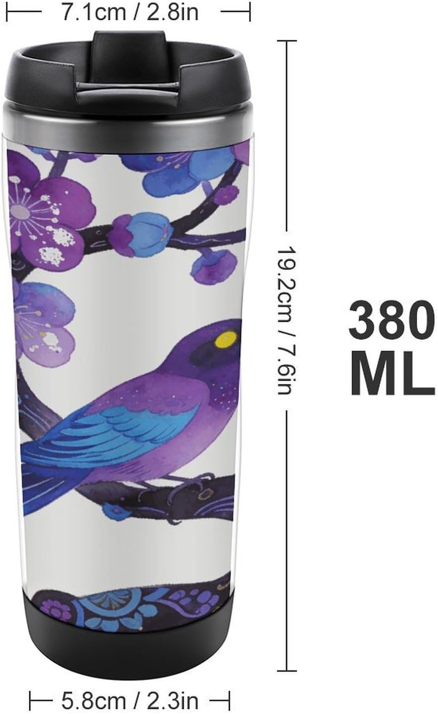 13oz Insulated Travel Coffee Mug Reusable Coffee Cup Water Bottle | Plum Blossoms Adorn Sparrows Travel Mug with Leak Proof Lid Double Wall Stainless Steel Coffee Tumbler Personalized Gift