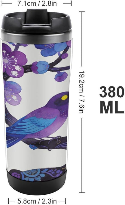13oz Insulated Travel Coffee Mug Reusable Coffee Cup Water Bottle | Plum Blossoms Adorn Sparrows Travel Mug with Leak Proof Lid Double Wall Stainless Steel Coffee Tumbler Personalized Gift