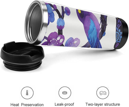 13oz Insulated Travel Coffee Mug Reusable Coffee Cup Water Bottle | Plum Blossoms Adorn Sparrows Travel Mug with Leak Proof Lid Double Wall Stainless Steel Coffee Tumbler Personalized Gift