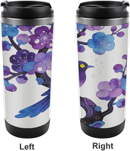 13oz Insulated Travel Coffee Mug Reusable Coffee Cup Water Bottle | Plum Blossoms Adorn Sparrows Travel Mug with Leak Proof Lid Double Wall Stainless Steel Coffee Tumbler Personalized Gift