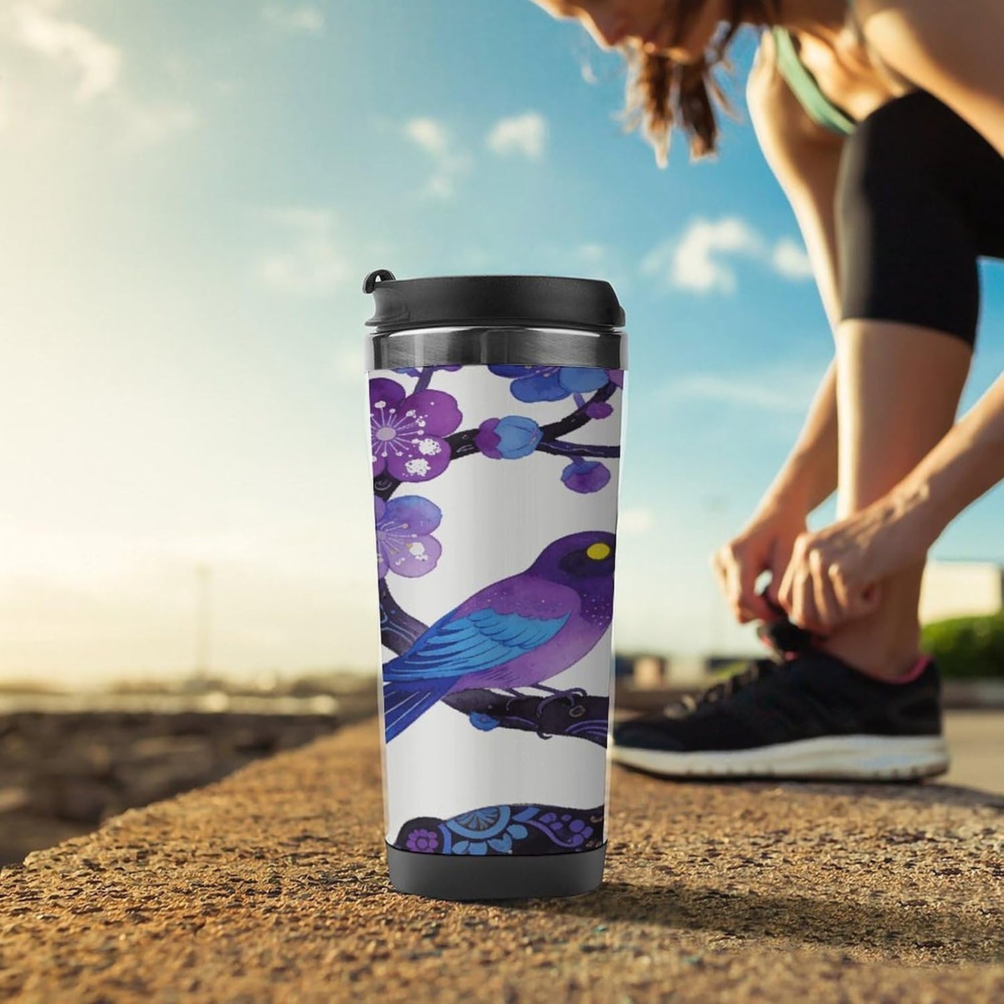 13oz Insulated Travel Coffee Mug Reusable Coffee Cup Water Bottle | Plum Blossoms Adorn Sparrows Travel Mug with Leak Proof Lid Double Wall Stainless Steel Coffee Tumbler Personalized Gift