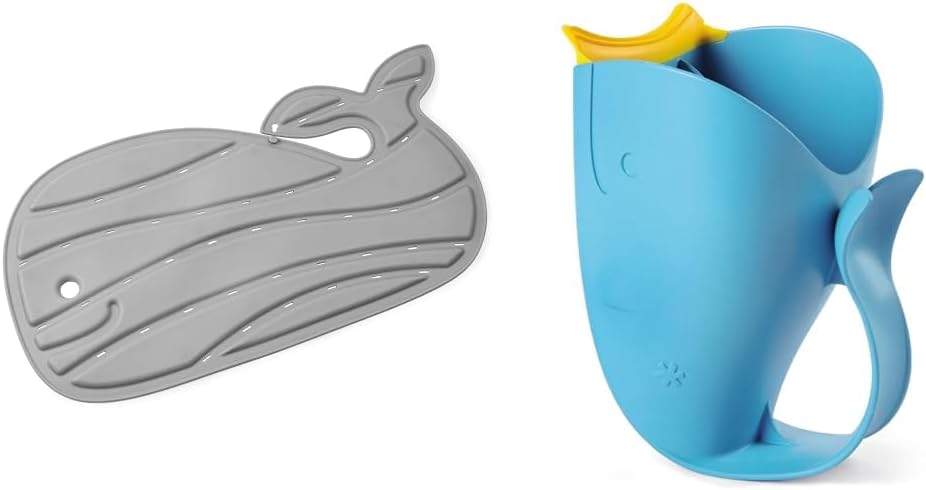 Non-Slip Whale Baby Bath Mat and Tear-Free Waterfall Rinser Bundle, Grey