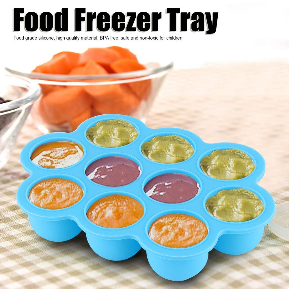 Silicone Food Freezer Tray, 10 Holes Reusable Container with Lid for Homemade Baby Food Baking Storage, Food Grade Silicone, Dishwasher Safe, Microwave Oven Safe (Blue)