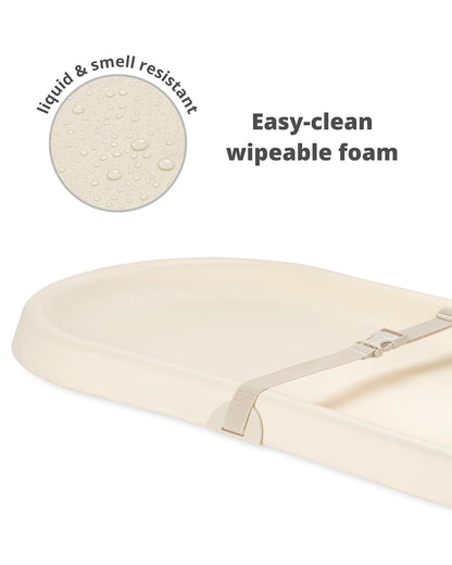 Baby Changing Pad Nursery Style Wipe-Clean Contoured with Cushioned Foam, Non-Skid Base, Built-in Safety Belt & Tuck-Away Toy Bar Fits Standard Changing Tables, Oat