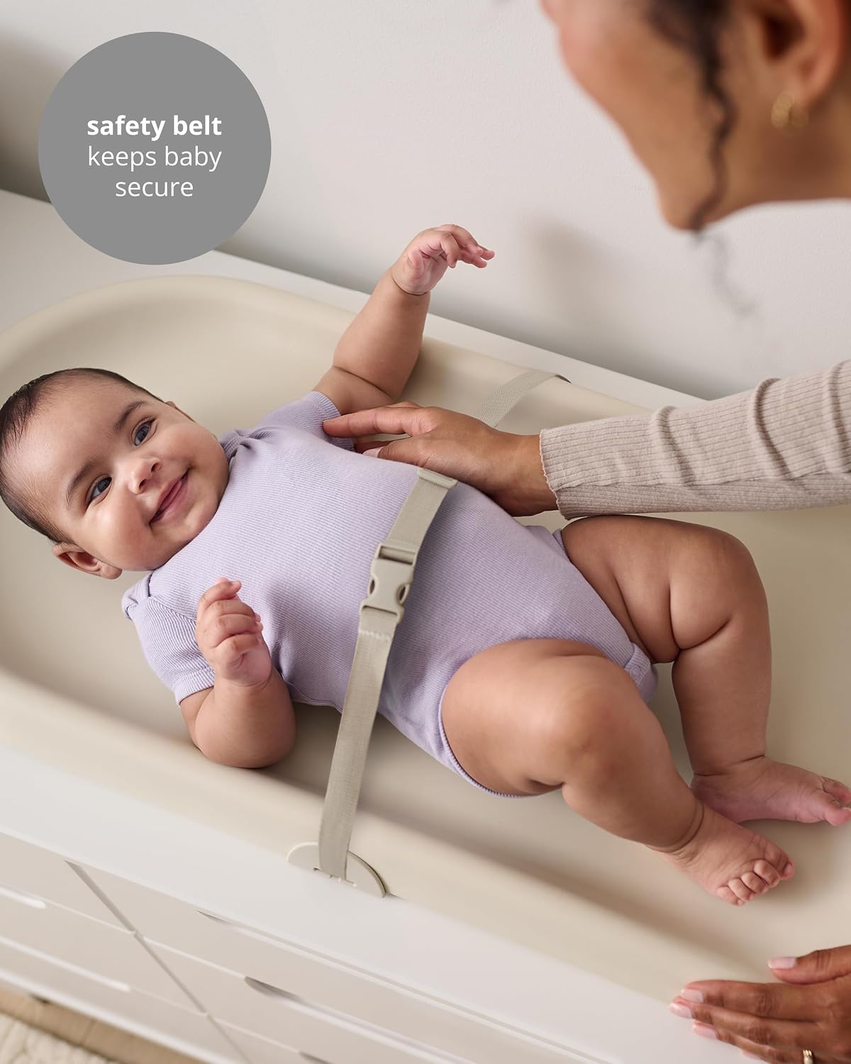 Baby Changing Pad Nursery Style Wipe-Clean Contoured with Cushioned Foam, Non-Skid Base, Built-in Safety Belt & Tuck-Away Toy Bar Fits Standard Changing Tables, Oat