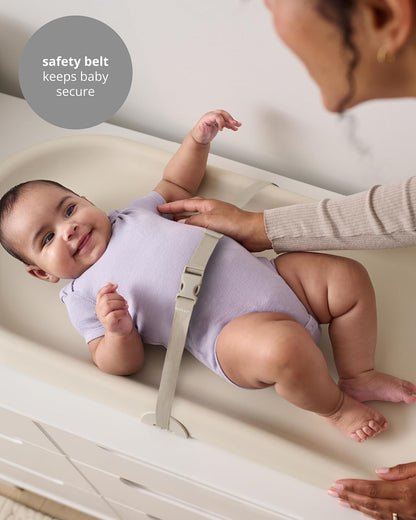 Baby Changing Pad Nursery Style Wipe-Clean Contoured with Cushioned Foam, Non-Skid Base, Built-in Safety Belt & Tuck-Away Toy Bar Fits Standard Changing Tables, Oat