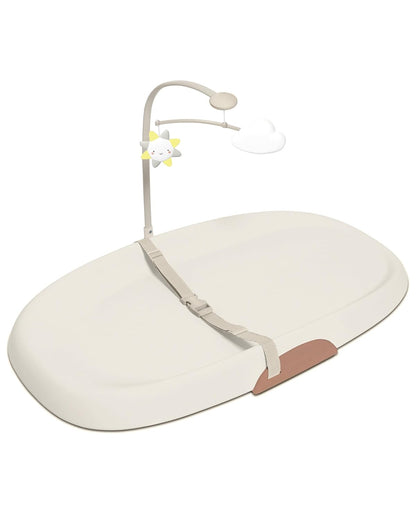 Baby Changing Pad Nursery Style Wipe-Clean Contoured with Cushioned Foam, Non-Skid Base, Built-in Safety Belt & Tuck-Away Toy Bar Fits Standard Changing Tables, Oat