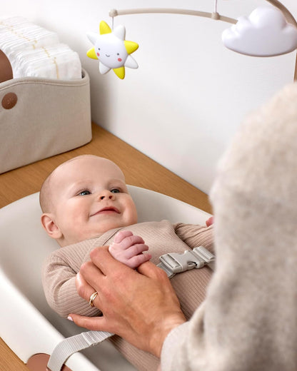 Baby Changing Pad Nursery Style Wipe-Clean Contoured with Cushioned Foam, Non-Skid Base, Built-in Safety Belt & Tuck-Away Toy Bar Fits Standard Changing Tables, Oat
