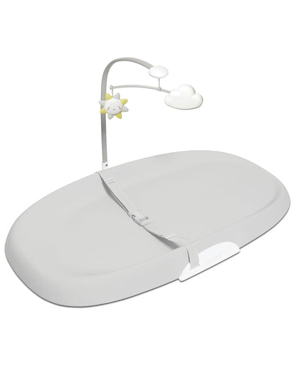 Baby Changing Pad Nursery Style Wipe-Clean Contoured with Cushioned Foam, Non-Skid Base, Built-in Safety Belt & Tuck-Away Toy Bar Fits Standard Changing Tables, Oat
