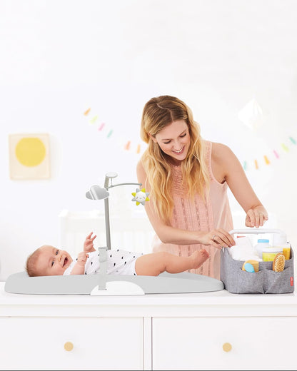 Baby Changing Pad Nursery Style Wipe-Clean Contoured with Cushioned Foam, Non-Skid Base, Built-in Safety Belt & Tuck-Away Toy Bar Fits Standard Changing Tables, Oat