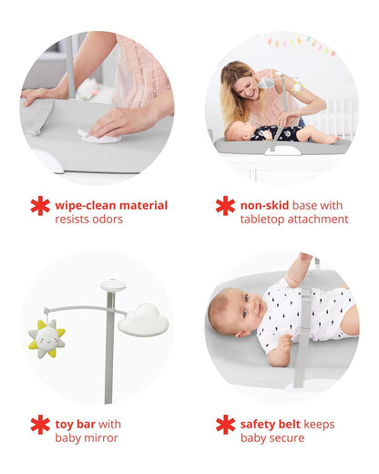 Baby Changing Pad Nursery Style Wipe-Clean Contoured with Cushioned Foam, Non-Skid Base, Built-in Safety Belt & Tuck-Away Toy Bar Fits Standard Changing Tables, Oat