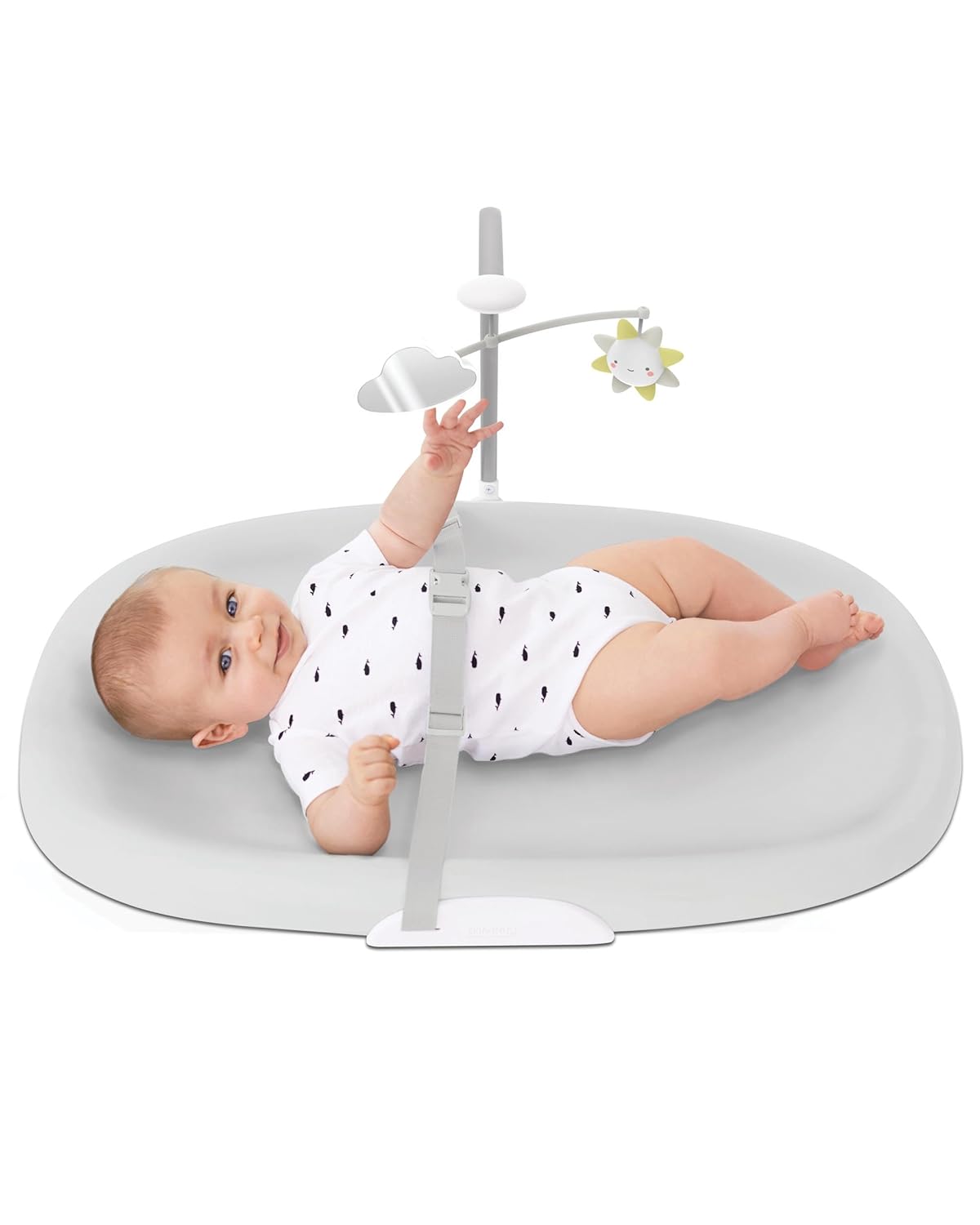 Baby Changing Pad Nursery Style Wipe-Clean Contoured with Cushioned Foam, Non-Skid Base, Built-in Safety Belt & Tuck-Away Toy Bar Fits Standard Changing Tables, Oat