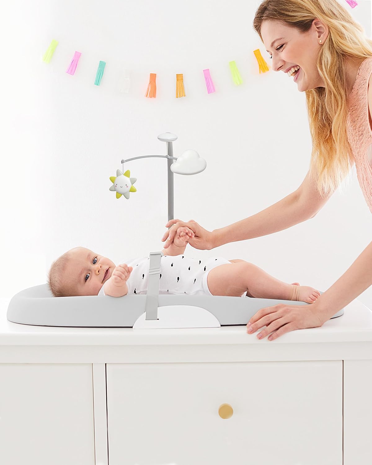 Baby Changing Pad Nursery Style Wipe-Clean Contoured with Cushioned Foam, Non-Skid Base, Built-in Safety Belt & Tuck-Away Toy Bar Fits Standard Changing Tables, Oat
