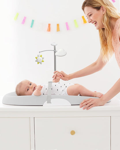 Baby Changing Pad Nursery Style Wipe-Clean Contoured with Cushioned Foam, Non-Skid Base, Built-in Safety Belt & Tuck-Away Toy Bar Fits Standard Changing Tables, Oat