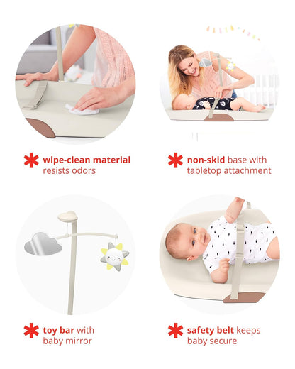 Baby Changing Pad Nursery Style Wipe-Clean Contoured with Cushioned Foam, Non-Skid Base, Built-in Safety Belt & Tuck-Away Toy Bar Fits Standard Changing Tables, Oat