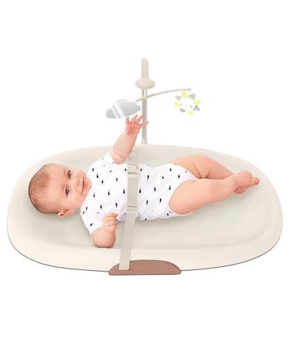 Baby Changing Pad Nursery Style Wipe-Clean Contoured with Cushioned Foam, Non-Skid Base, Built-in Safety Belt & Tuck-Away Toy Bar Fits Standard Changing Tables, Oat