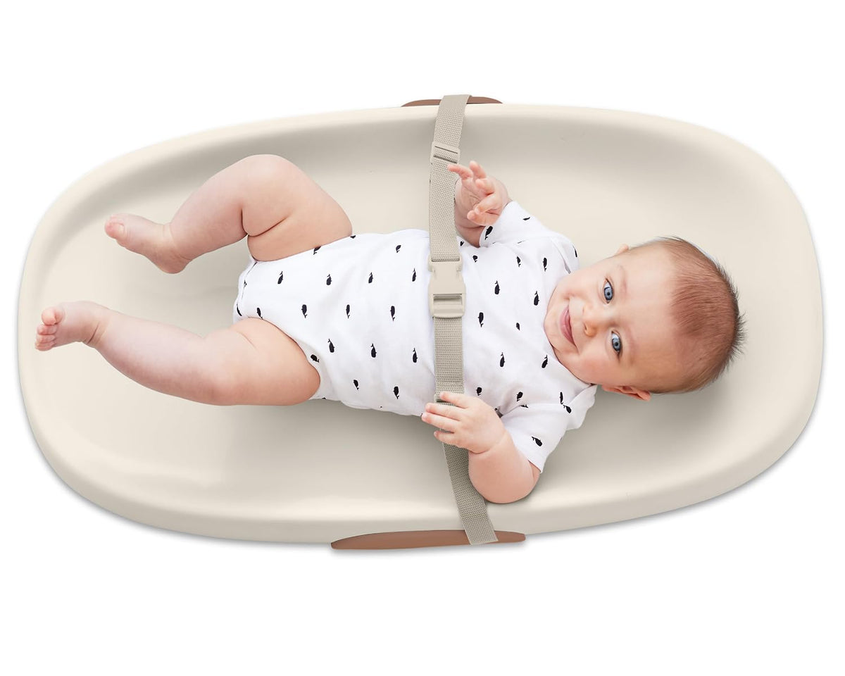 Baby Changing Pad Nursery Style Wipe-Clean Contoured with Cushioned Foam, Non-Skid Base, Built-in Safety Belt & Tuck-Away Toy Bar Fits Standard Changing Tables, Oat