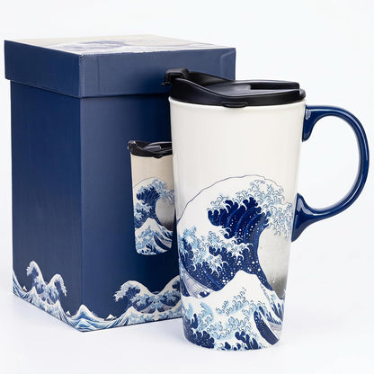 17oz Van Gogh Wheat Field Ceramic Travel Mug with Lid & Gift Box | Post Impressionist Art Coffee Cup, Microwave & Dishwasher Safe Large Latte Tea Mug, Car cupholder fit