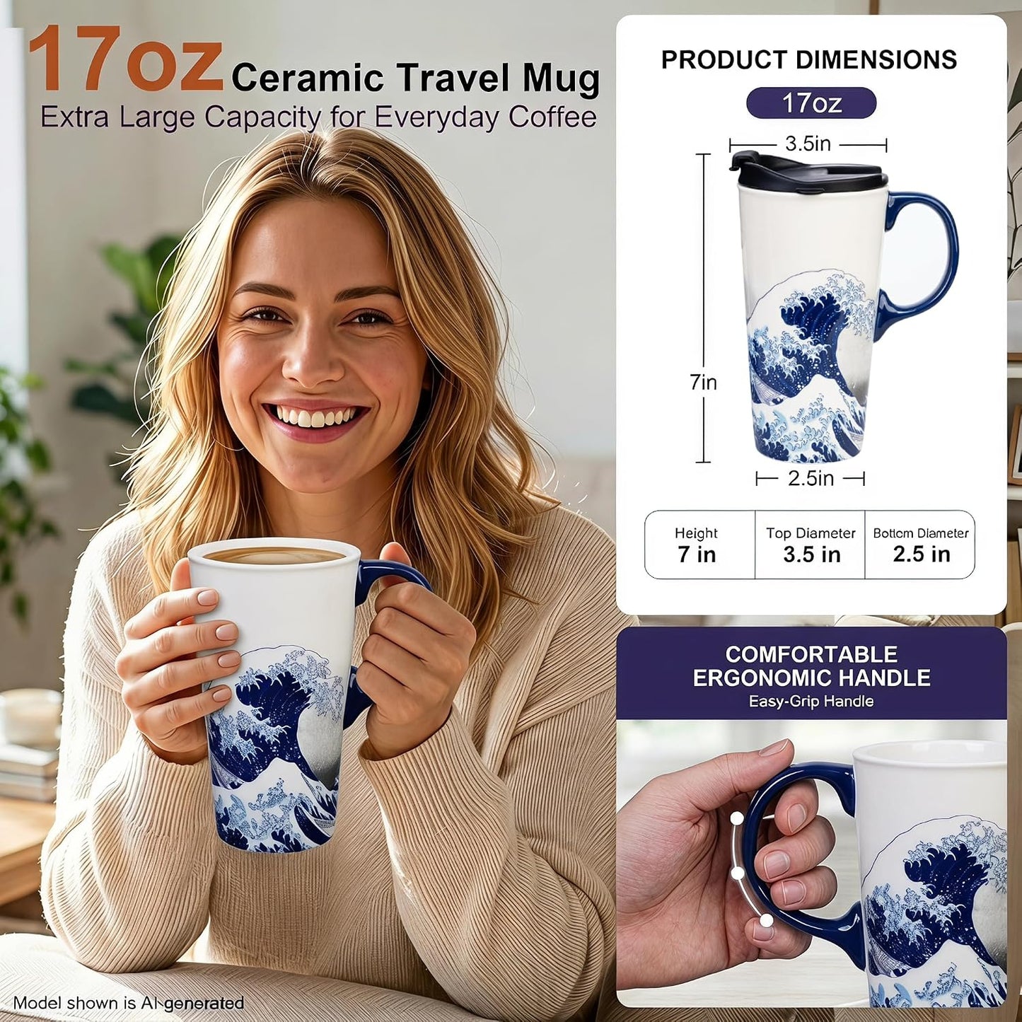 17oz Van Gogh Wheat Field Ceramic Travel Mug with Lid & Gift Box | Post Impressionist Art Coffee Cup, Microwave & Dishwasher Safe Large Latte Tea Mug, Car cupholder fit
