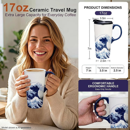 17oz Van Gogh Wheat Field Ceramic Travel Mug with Lid & Gift Box | Post Impressionist Art Coffee Cup, Microwave & Dishwasher Safe Large Latte Tea Mug, Car cupholder fit