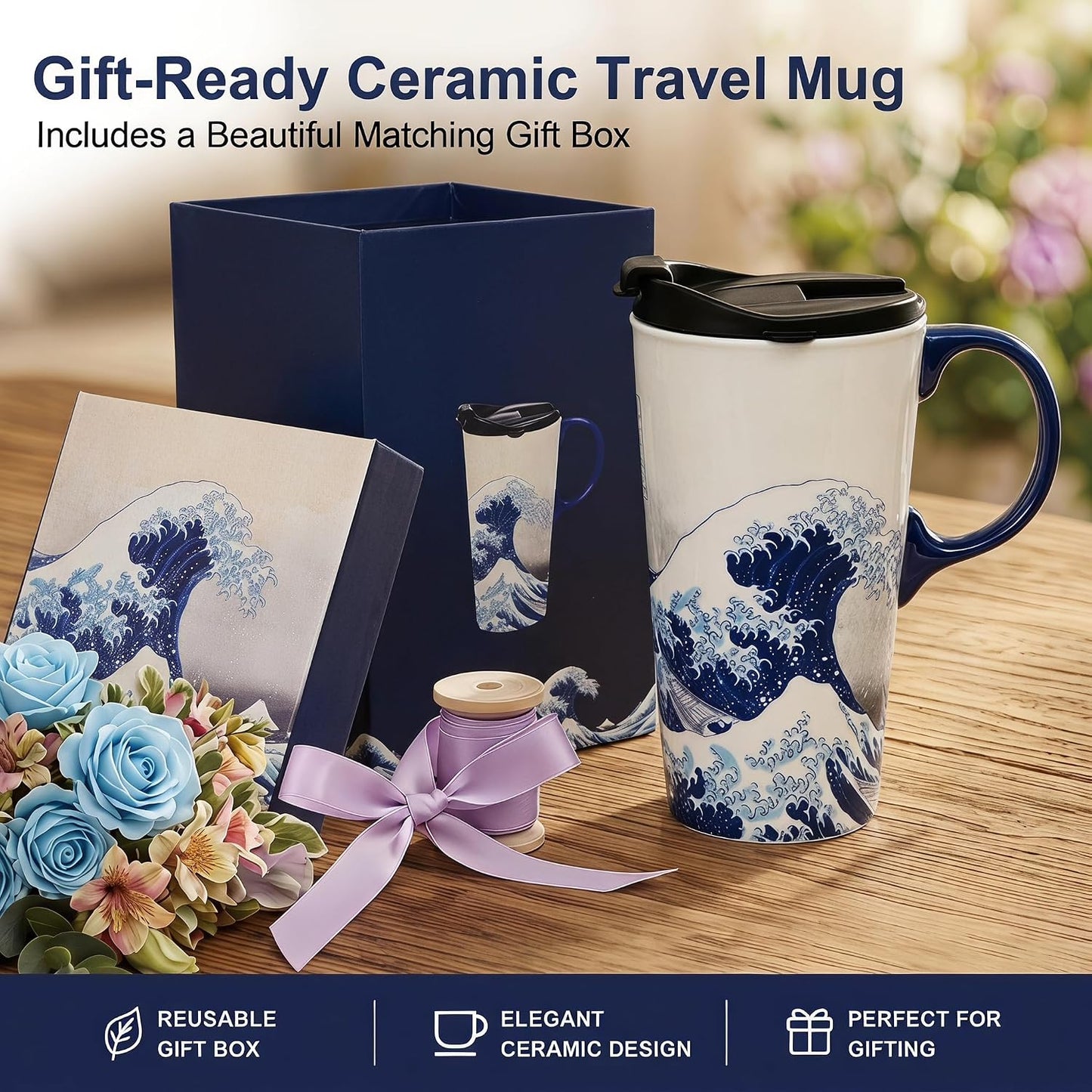 17oz Van Gogh Wheat Field Ceramic Travel Mug with Lid & Gift Box | Post Impressionist Art Coffee Cup, Microwave & Dishwasher Safe Large Latte Tea Mug, Car cupholder fit