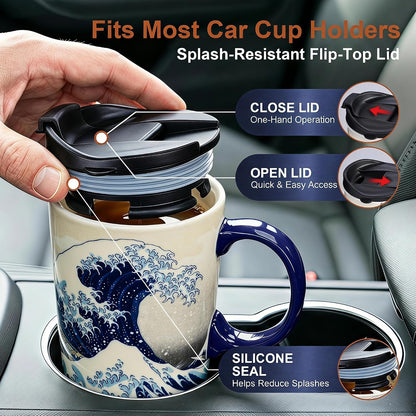 17oz Van Gogh Wheat Field Ceramic Travel Mug with Lid & Gift Box | Post Impressionist Art Coffee Cup, Microwave & Dishwasher Safe Large Latte Tea Mug, Car cupholder fit