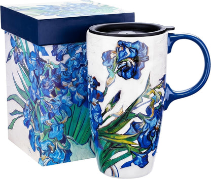 17oz Van Gogh Wheat Field Ceramic Travel Mug with Lid & Gift Box | Post Impressionist Art Coffee Cup, Microwave & Dishwasher Safe Large Latte Tea Mug, Car cupholder fit
