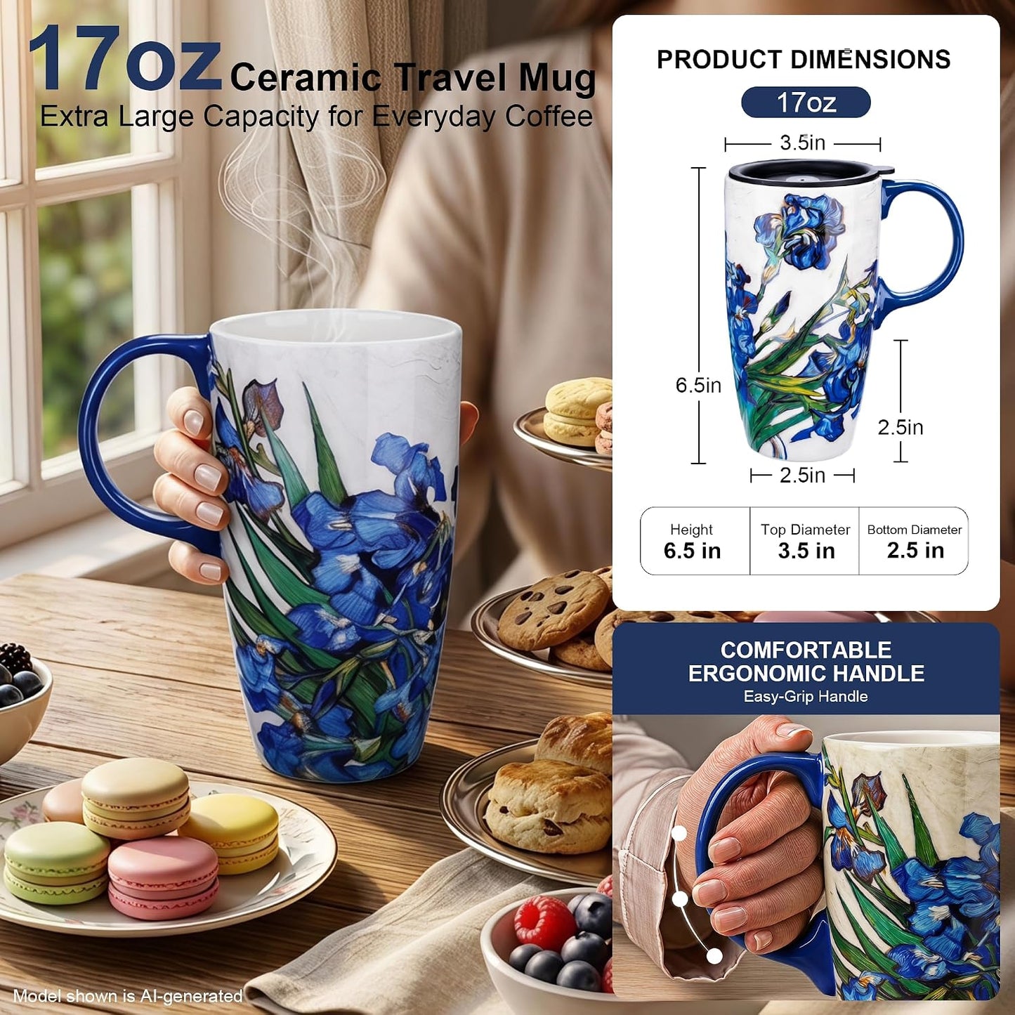 17oz Van Gogh Wheat Field Ceramic Travel Mug with Lid & Gift Box | Post Impressionist Art Coffee Cup, Microwave & Dishwasher Safe Large Latte Tea Mug, Car cupholder fit