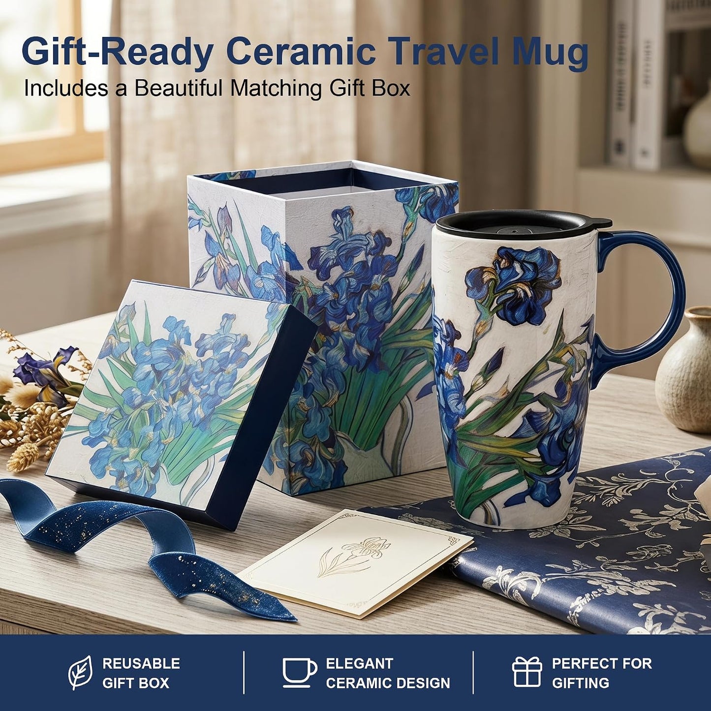 17oz Van Gogh Wheat Field Ceramic Travel Mug with Lid & Gift Box | Post Impressionist Art Coffee Cup, Microwave & Dishwasher Safe Large Latte Tea Mug, Car cupholder fit