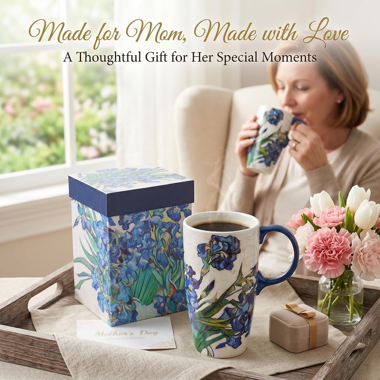 17oz Van Gogh Wheat Field Ceramic Travel Mug with Lid & Gift Box | Post Impressionist Art Coffee Cup, Microwave & Dishwasher Safe Large Latte Tea Mug, Car cupholder fit