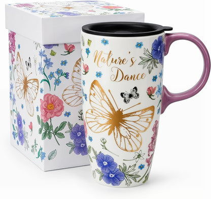 17oz Van Gogh Wheat Field Ceramic Travel Mug with Lid & Gift Box | Post Impressionist Art Coffee Cup, Microwave & Dishwasher Safe Large Latte Tea Mug, Car cupholder fit