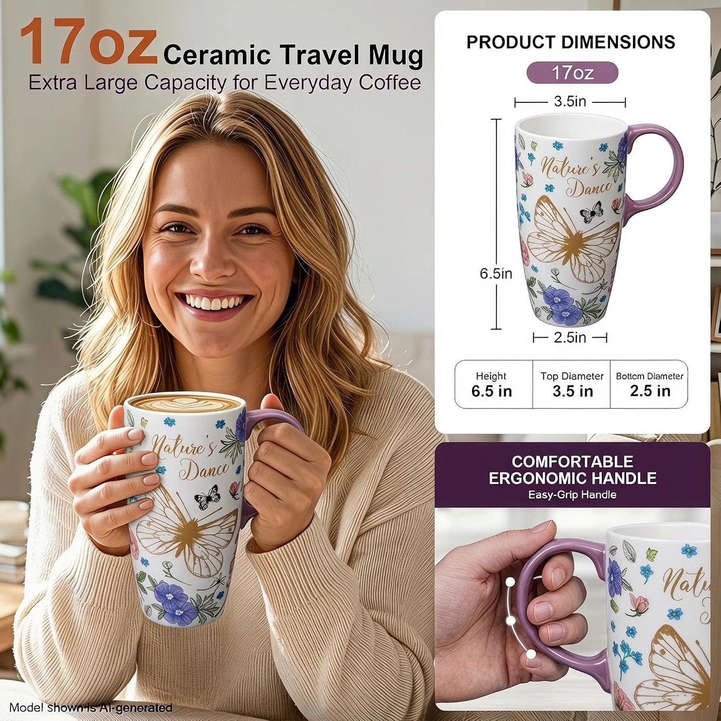 17oz Van Gogh Wheat Field Ceramic Travel Mug with Lid & Gift Box | Post Impressionist Art Coffee Cup, Microwave & Dishwasher Safe Large Latte Tea Mug, Car cupholder fit